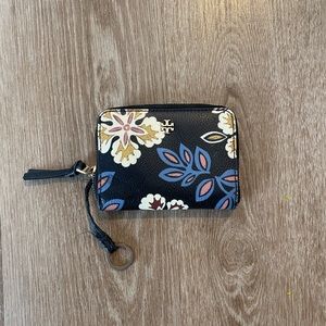 Tory Burch key chain wallet - navy with floral pattern
